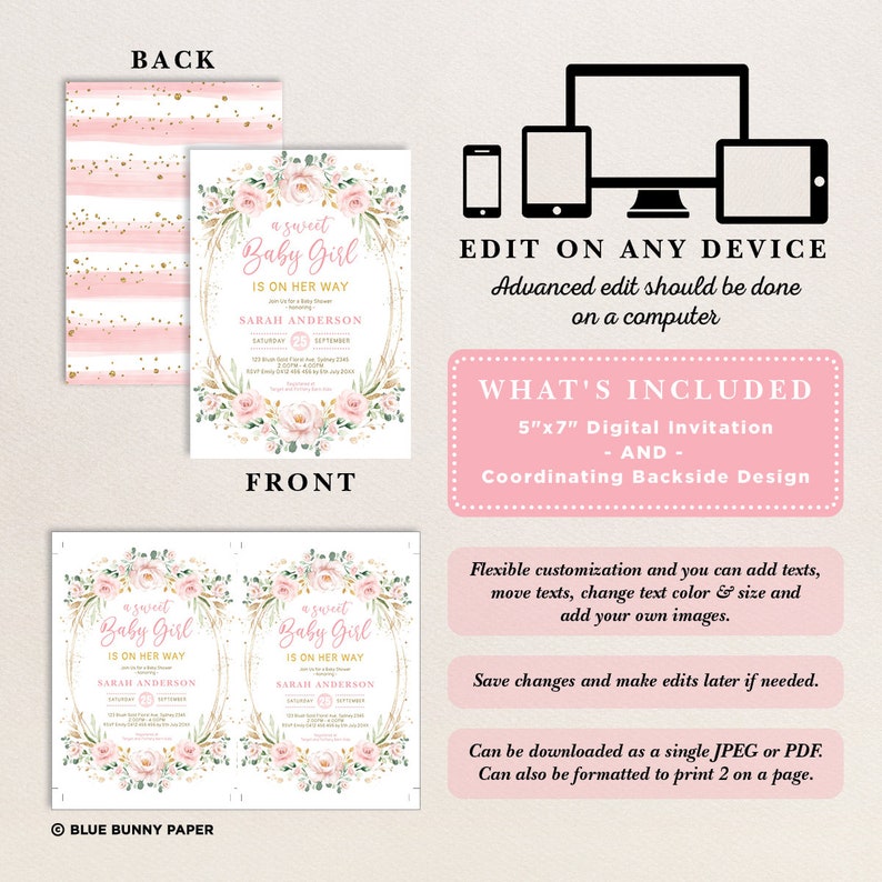 May include: A printable baby shower invitation with a pink and gold floral design. The text reads "A Sweet Baby Girl is on her way".