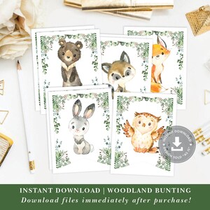以下が含まれることがあります： クマ、キツネ、ウサギ、フクロウの画像が描かれた、森の動物をテーマにした印刷可能なガーランド。画像は緑の葉の縁取りで囲まれています。