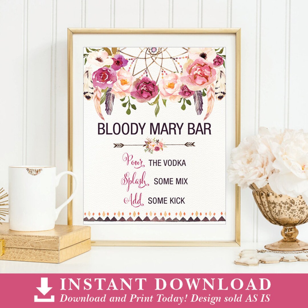 Dreamcatcher Bloody Mary Bar Printable Sign. Boho Bridal Shower ...