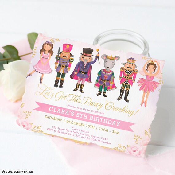 Girl Nutcracker Birthday Invitation Template, Blush Pink Floral Sugar Plum Fairy Invite, Winter Christmas Holiday Editable Download, NC3 Il_570xn