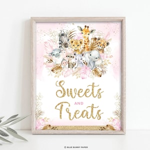 Girl Safari Sweet Treats Sign, Blush Jungle Baby Shower Decorations, Pink Gold Tropical Wild One Birthday Party Sign Download, JUN17P