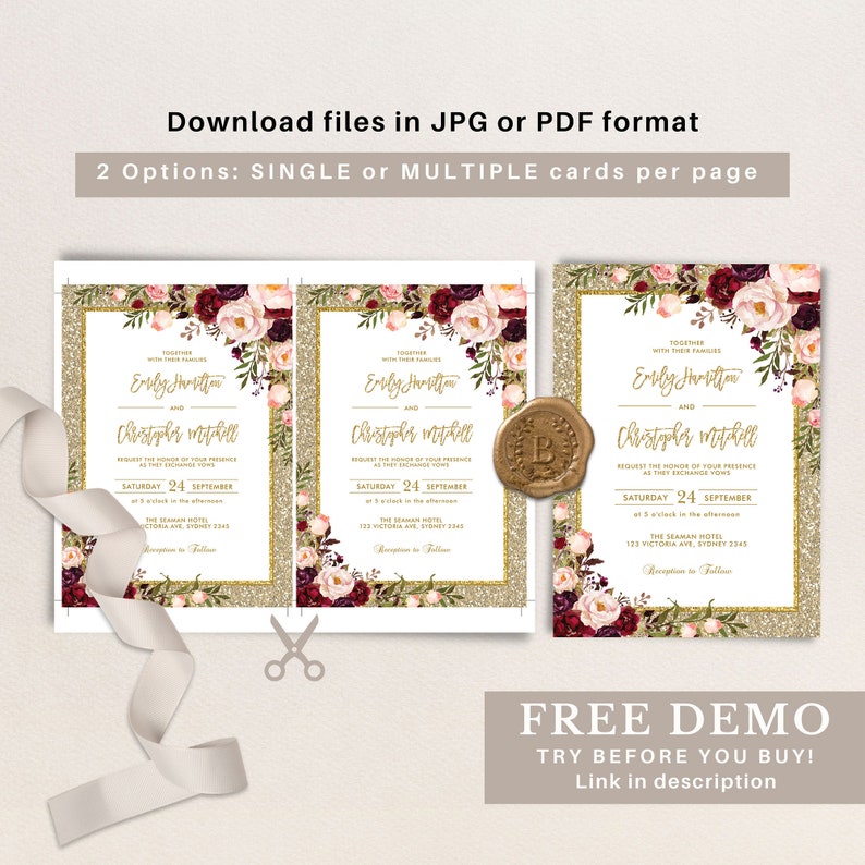 May include: A wedding invitation with a gold glitter background and burgundy and pink floral accents. The invitation features the names "Evly Horvatta" and "Chistopher mitchell" and the date "Saturday 24 September".