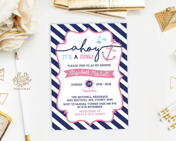Navy & Pink NAUTICAL Baby Shower Invitation. Anchor Printable Invitation. Ahoy It's a Girl. Nautical Baby Girl Digital Invite. NAU5 Il_570xn