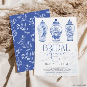 Delft Blue Ginger Jar Bridal Shower Invitation, Editable Chinoiserie Digital Invite, Classic Blue Floral Toile Wedding Shower Template, BW1
