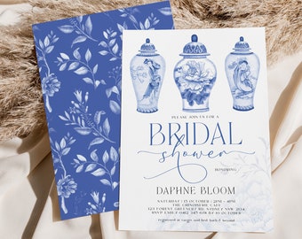 Invitación de ducha nupcial de tarro de jengibre azul de Delft, invitación digital de chinoiserie editable, plantilla clásica de ducha de boda de toile floral azul, BW1