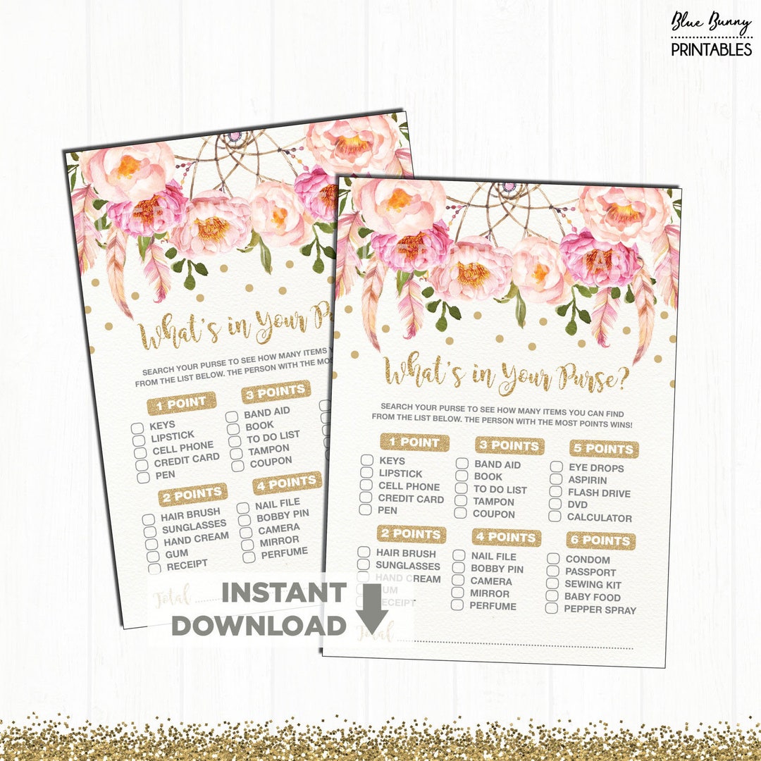 What's in Your Purse. Boho Floral Baby Shower Game. Pink and Gold Baby ...