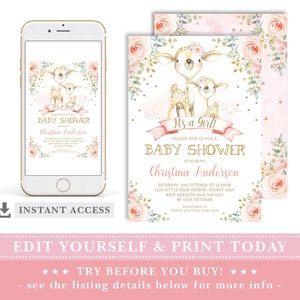 May include: Printable baby shower invitation featuring a pink and gold color scheme with a watercolor illustration of two deer with floral accents. The text reads "It's a Girl! Please join us for a Baby Shower honoring Christina Anderson".