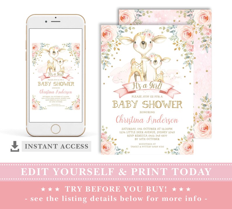 May include: Printable baby shower invitation featuring a pink and gold color scheme with a watercolor illustration of two deer with floral accents. The text reads "It's a Girl! Please join us for a Baby Shower honoring Christina Anderson".