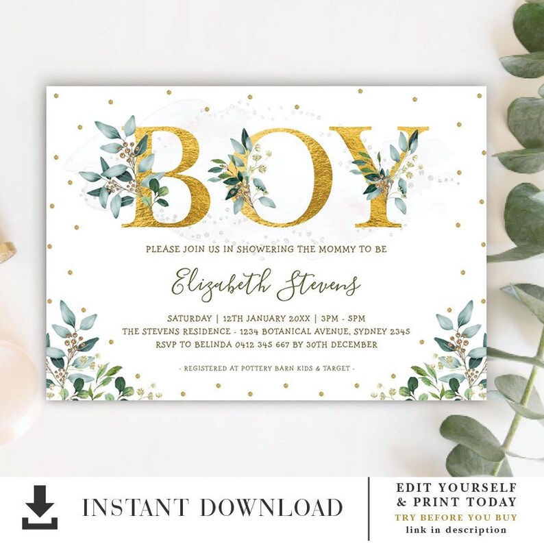 EDITABLE Greenery Boy Baby Shower Invitation / DIY Template / Elegant Watercolor Botanical Printable / Green Gold Instant Download / BOT9 image 1