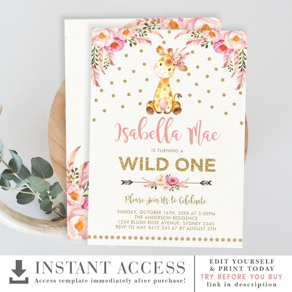 EDITABLE Giraffe 1st Birthday Invitation. Girl Giraffe Wild One Invitation Template. Pink Gold Boho Floral Jungle Party Invite. FLO12AG Il_570xn