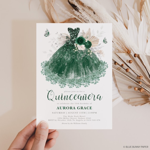 Quinceanera Invitation Template Emerald Green Silver Dress Theme Mis