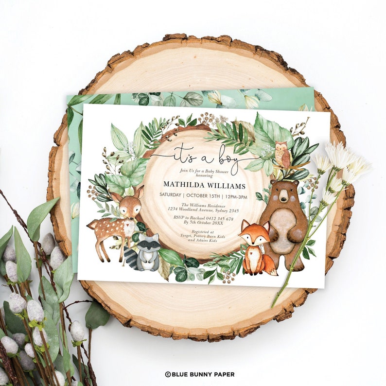 Boy Woodland Baby Shower Invitation. Forest Animals Watercolor Greenery Printable Invitation EDITABLE TEMPLATE. WOOD24 