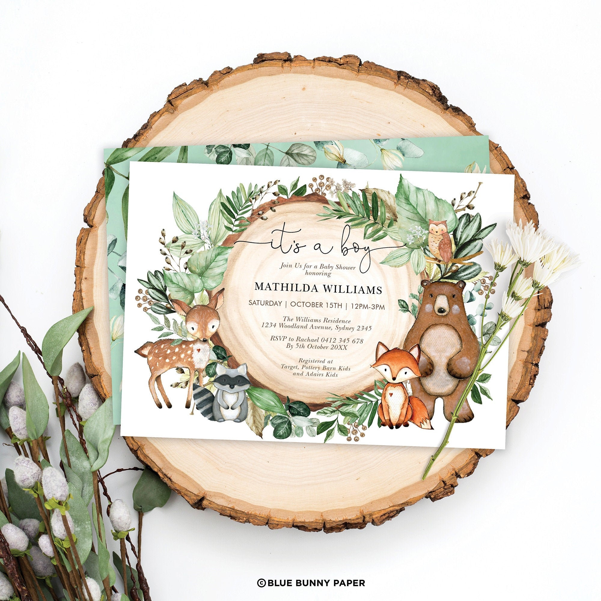 Woodland themed baby store boy shower invitations