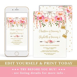 Editable Sibling Birthday Invitation Template, Joint Birthday Party Invite, Pink Gold Twin Sisters Printable Boho Dreamcatcher Floral FLO12A image 4