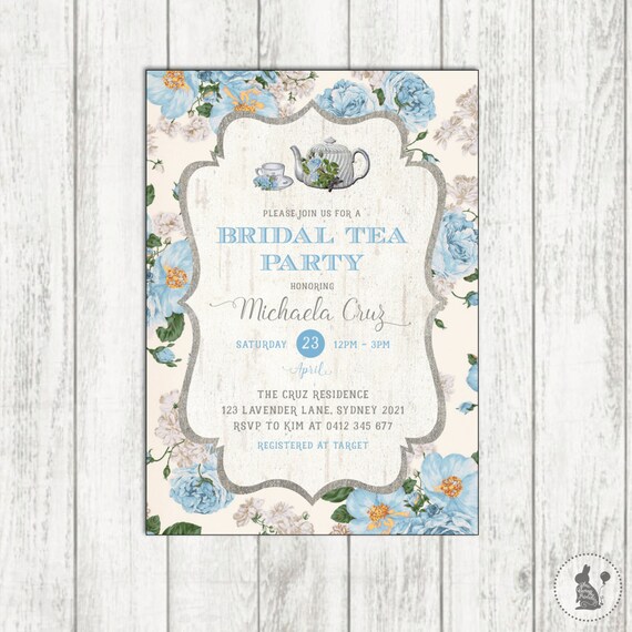 Bridal TEA PARTY Invitation. Vintage Bridal Shower Invite. Blue Floral High Tea Invitation. Roses Vintage Tea Party Printable. TEA2 Il_570xn