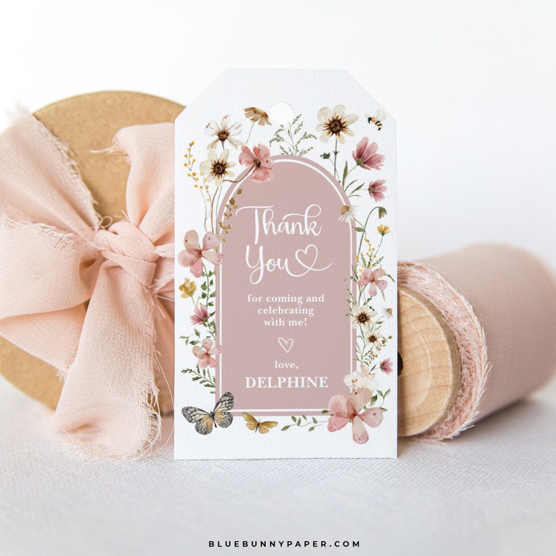 Editable Blush Wildflower Favor Tag Template Boho Pink Baby in Bloom Shower Thank You Favors Miss Onederful Birthday Party Download FLO32 image 1