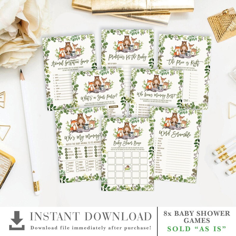 Cute Woodland Animals Baby Shower Games Package. Greenery Forest Botanical Shower Printable. Downloadable Games. INSTANT DOWNLOAD. BOT5 image 1