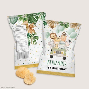 Safari 1° compleanno Chip Bag, Animali della giungla Wild One Bomboniere, Verde tropicale Baby Shower Modello modificabile DOWNLOAD IMMEDIATO, SAF3