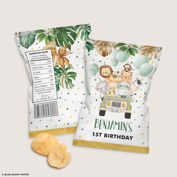 Safari 1° compleanno Chip Bag, Animali della giungla Wild One Bomboniere, Verde tropicale Baby Shower Modello modificabile DOWNLOAD IMMEDIATO, SAF3