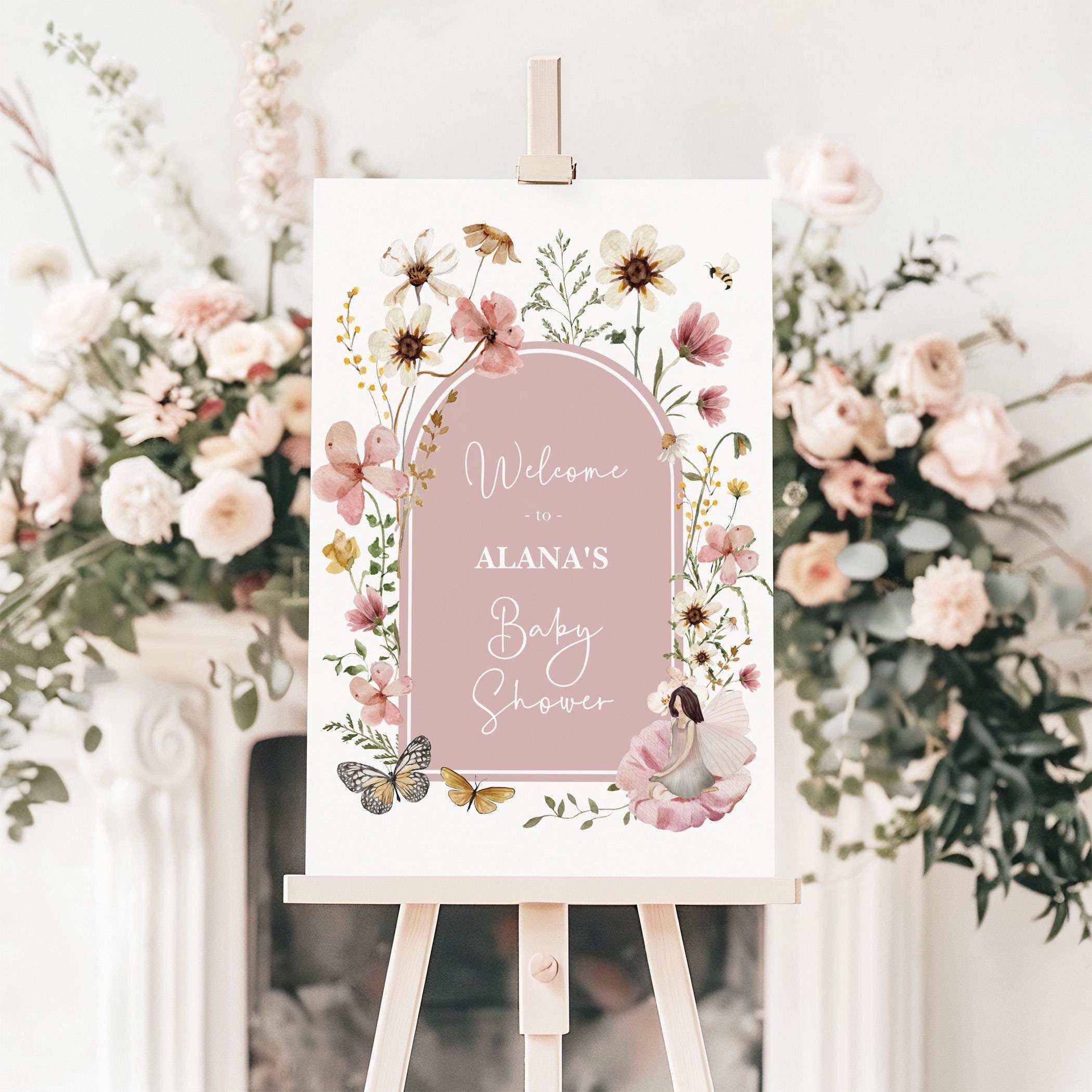 Dusty Pink Fairy Baby Shower Welcome Sign Wildflower Fairy Garden Birthday Party Decor Muted Blush Enchanted Fairy EDITABLE TEMPLATE FA5