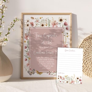 CÁPSULA DO TEMPO DE FLORES SILVESTRES ROSAS, Decorações para chá de 1º aniversário Boho Wild One, Cartão de conselho de jardim com blush suave Modelo EDITÁVEL, FLO32