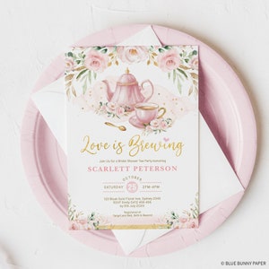 Bridal Shower Tea Party Invitation, Love is Brewing Bridal Brunch Invite, Blush Pink Gold Floral Par-Tea Printable Editable Template, FLO40