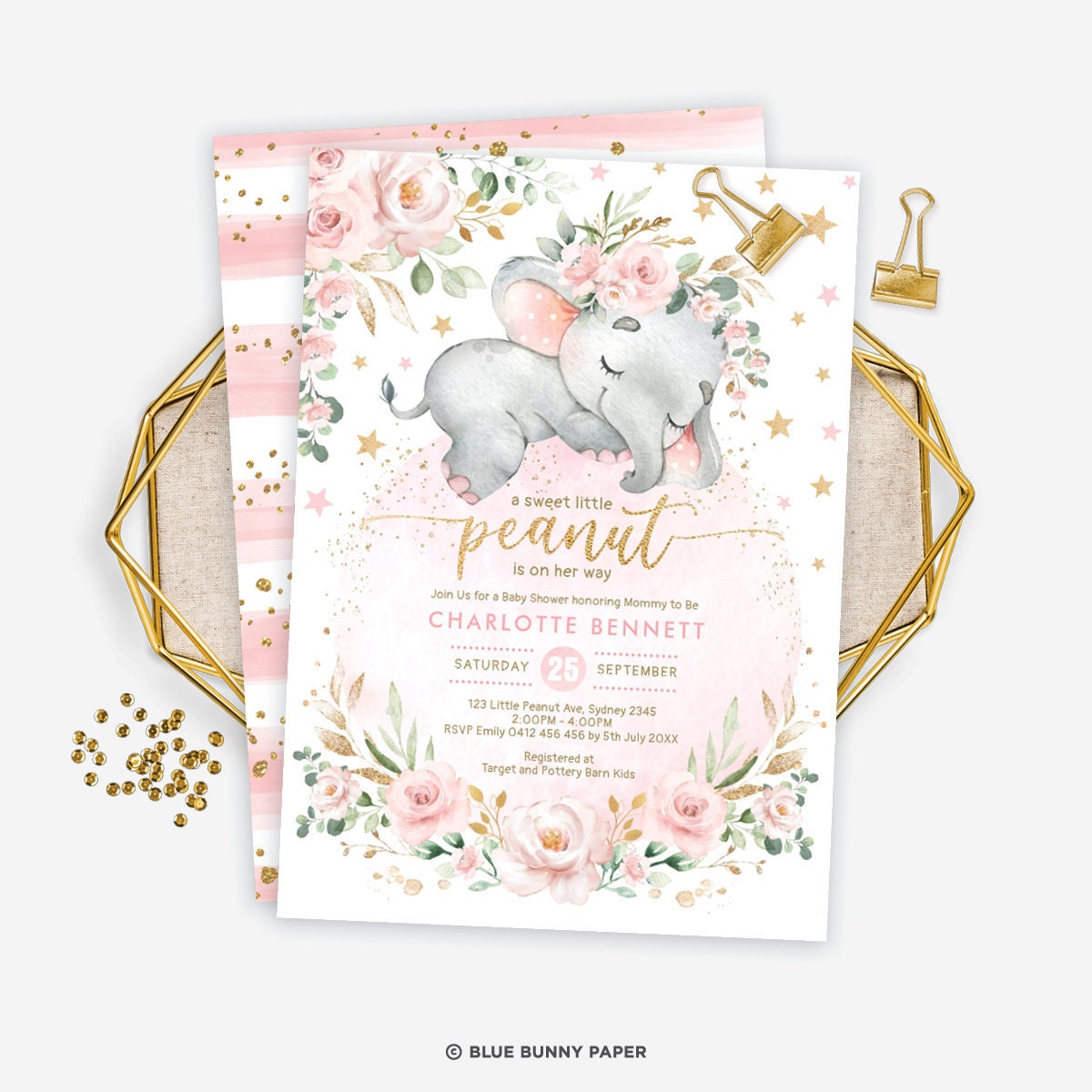 Girly Blush Floral Elephant Baby Shower Invitation Pink Gold - Etsy