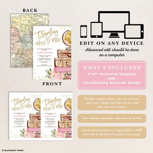 May include: Editable 5x7 inch printable bridal shower invitation template with a globe, suitcases, and floral accents. The text reads "Traveling from Miss to Mrs".