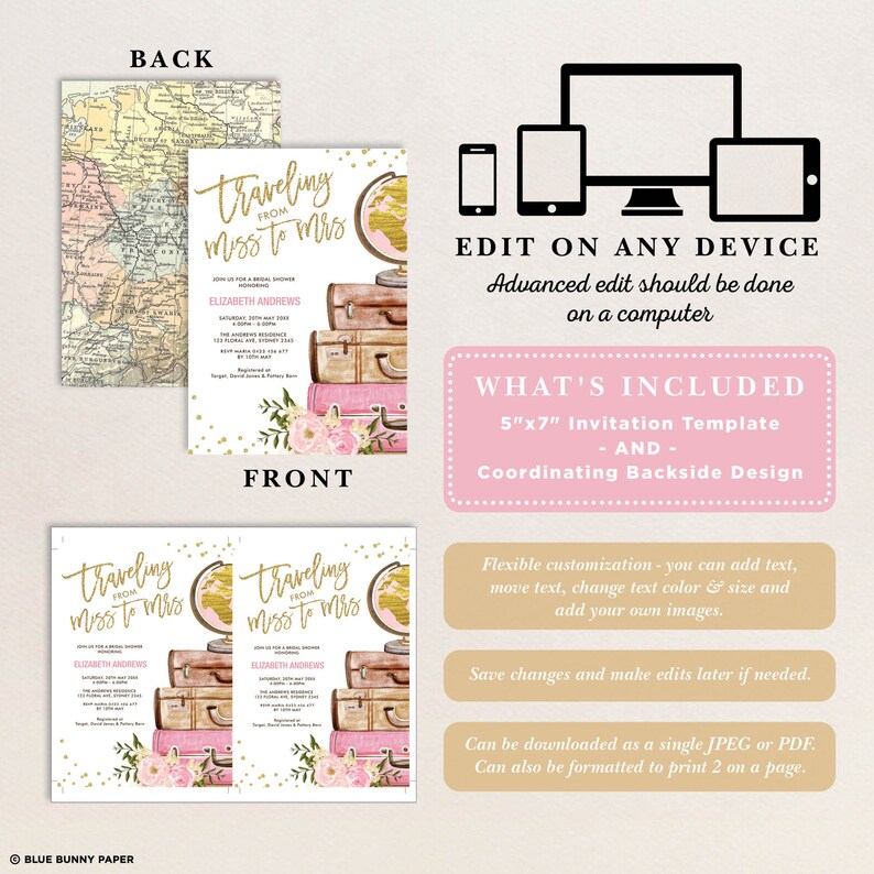May include: Editable 5x7 inch printable bridal shower invitation template with a globe, suitcases, and floral accents. The text reads "Traveling from Miss to Mrs".