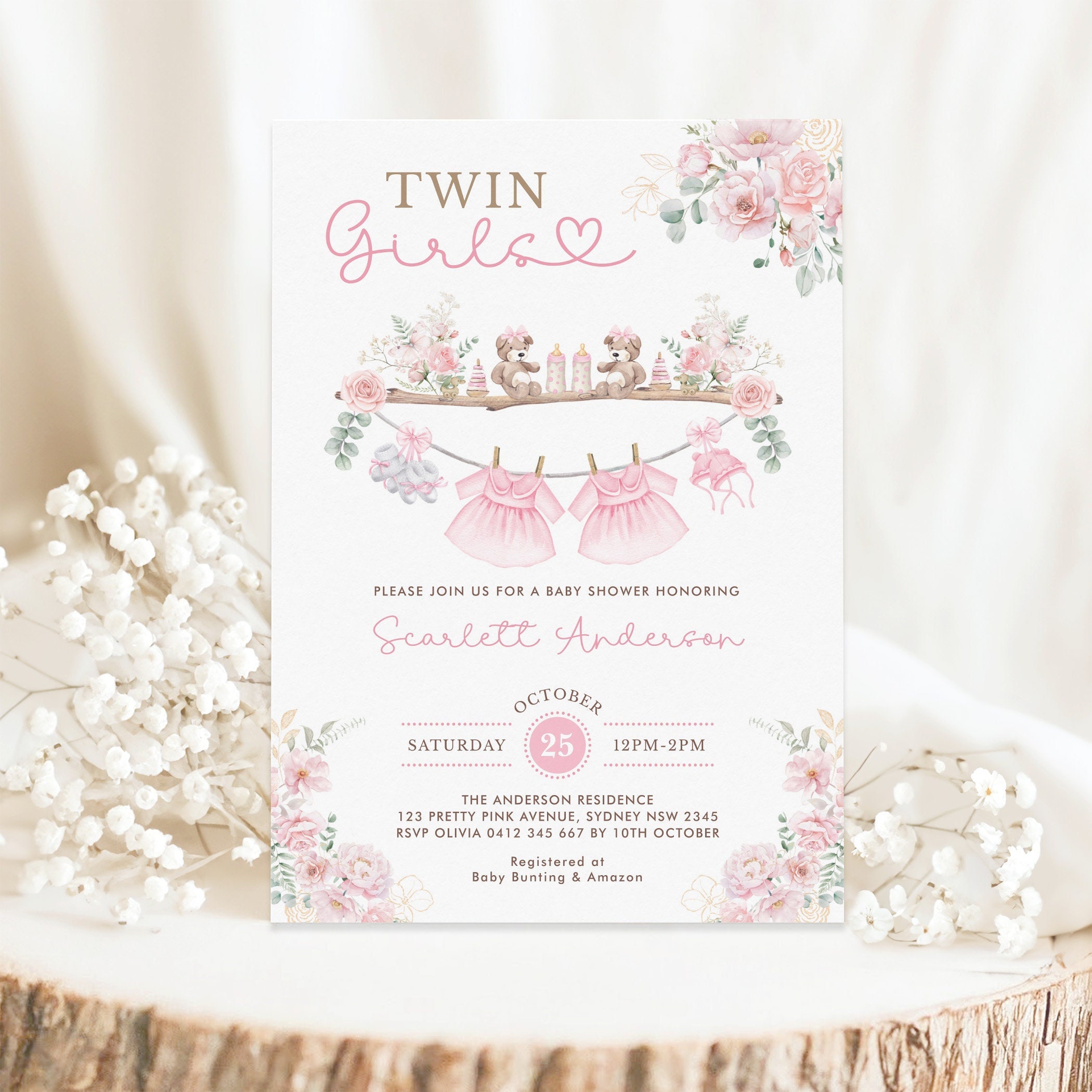 Twin Girls Baby Clothes Baby Shower Invitation Boho Pink Floral Laundry Baby Girl Shower Invite EDITABLE TEMPLATE Instant Download CL1