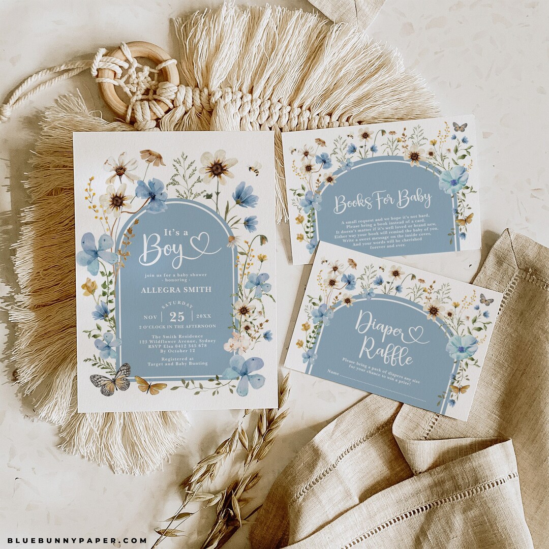 Boy Baby Shower Invitation Bundle Boho Blue Wildflower Invite Package ...