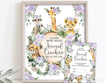 Guess How Many Animals Crackers Game Sign Girl Safari Jungle Baby Shower Games Wild Animals Purple Floral Printable INSTANT DOWNLOAD JUN18