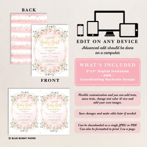 Może przedstawiać: R&oacute;żowe i złote zaproszenie na baby shower z wieńcem kwiatowym i tekstem "a sweet Baby Girl is on her way". Zaproszenie ma rozmiar 12,7x17,8 cm i zawiera dopasowany projekt tylnej strony.