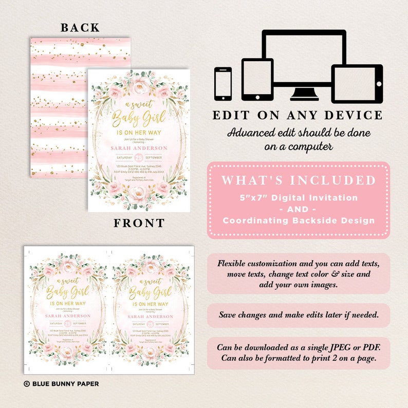 Może przedstawiać: R&oacute;żowe i złote zaproszenie na baby shower z wieńcem kwiatowym i tekstem "a sweet Baby Girl is on her way". Zaproszenie ma rozmiar 12,7x17,8 cm i zawiera dopasowany projekt tylnej strony.