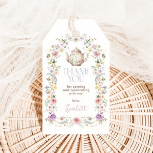 Modelo editável de etiqueta de lembrança de aniversário para festa de chá, lembranças de agradecimento para chá de bebê de flores silvestres de primavera, download de decoração de festa de borboleta floral, WF2