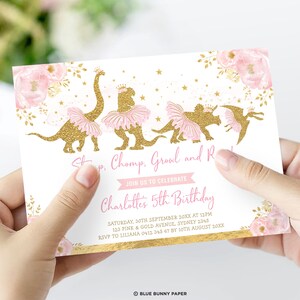 May include: A white invitation card featuring gold glitter dinosaur illustrations with pink tutus and crowns. The text says "Stomp, Chomp, Growl and Roar" and "Join us to celebrate Charlotte's 5th Birthday".
