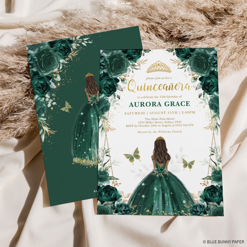 May include: A green and gold Quincea&ntilde;era invitation with a floral border and a silhouette of a girl in a green dress. The text reads "Please join us for a Quincea&ntilde;era to celebrate the 15th birthday of Aurora Grace. Saturday, August 15th | 2:00 PM. The Hyde Park Hotel, 1234 Miller Street, Sydney 2545. RSVP by October 10th to Angela at 0412 345 678. Hosted by the Williams Family. Blue Bunny Paper."