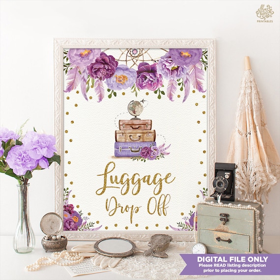 Luggage Drop Off Sign. Travel Bridal Shower Printable. Adventure Hens Party Decoration. Purple Gold Dreamcatcher Baggage Drop Off FLO12BTG Il_570xn