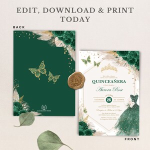 May include: Green and gold Quincea&ntilde;era invitation with a butterfly design and a gold crown. The invitation includes the text "Quincea&ntilde;era" and "Aurora Rose".