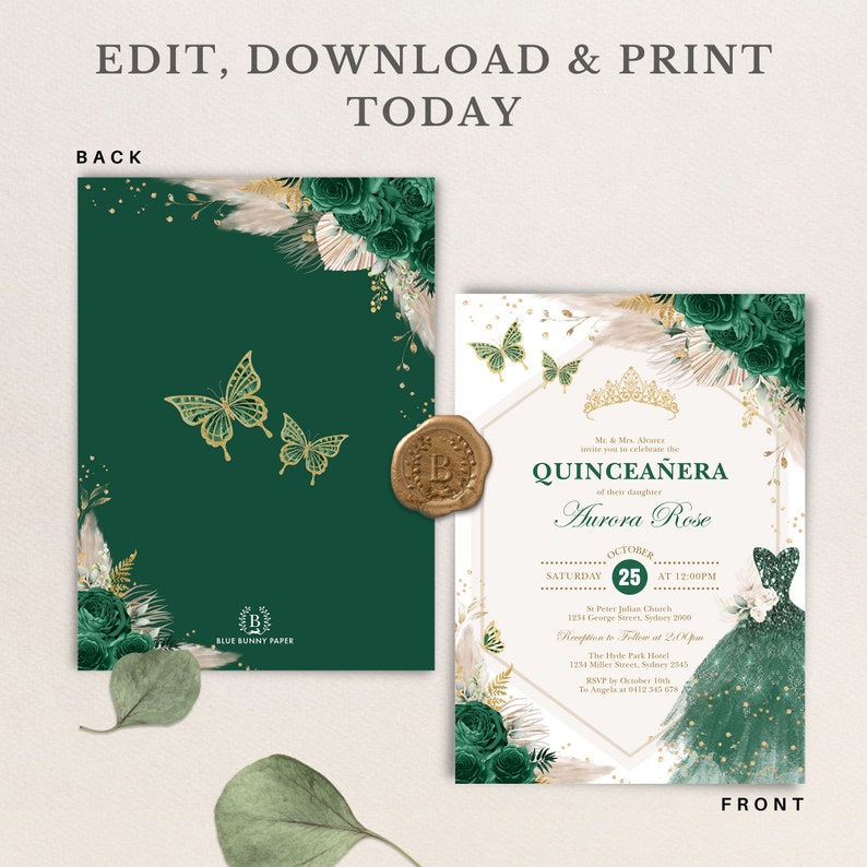 May include: Green and gold Quincea&ntilde;era invitation with a butterfly design and a gold crown. The invitation includes the text "Quincea&ntilde;era" and "Aurora Rose".