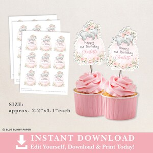 Girl Elephant Cupcake Topper, Wild One Birthday Decorations, Baby