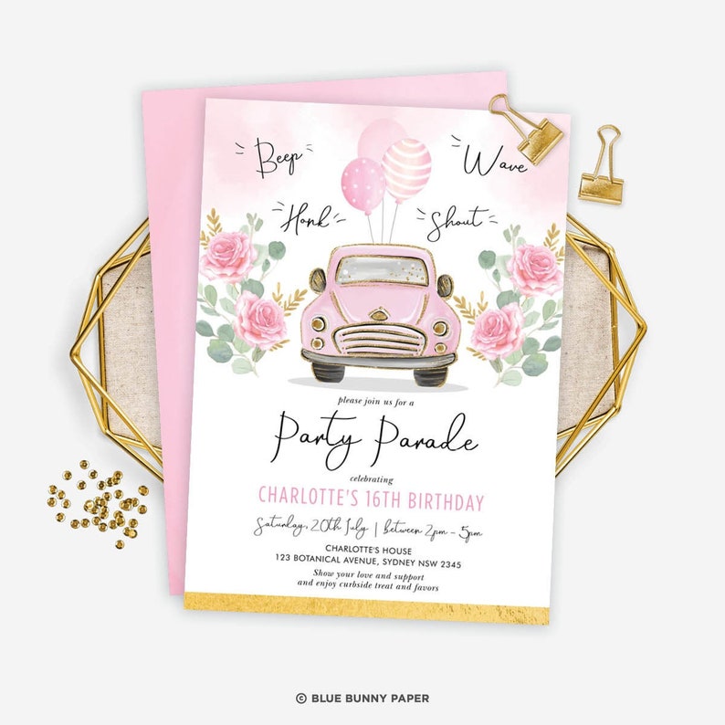 EDITABLE Drive By Birthday Party Parade Invitation. Pink Floral Car Drive Thru Birthday Invitation Template. Quarantine Printable. DB1 image 1