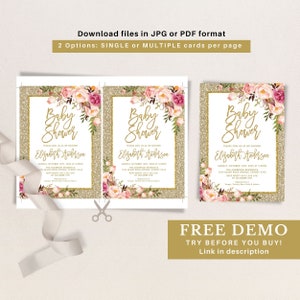 May include: Two printable baby shower invitations with gold glitter and floral designs. The text on the invitations reads "Baby Shower" and "Elizabeth Anderson".
