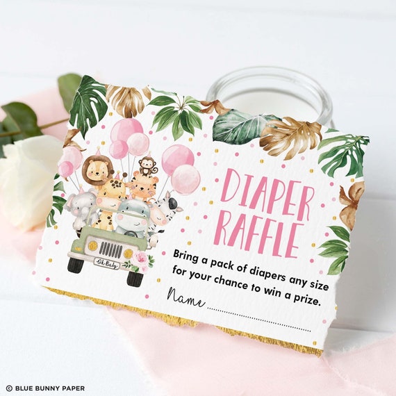 Girl Jungle Safari Diaper Raffle, Party Animals Baby Shower, Pink Gold ...