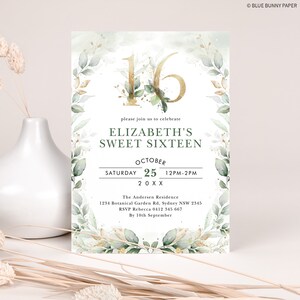 May include: A green and gold invitation for a Sweet Sixteen party. The invitation features a gold number 16 with green leaves and gold accents. The text on the invitation reads "Elizabeth's Sweet Sixteen" and includes the date and time of the party, the location, and RSVP information.
