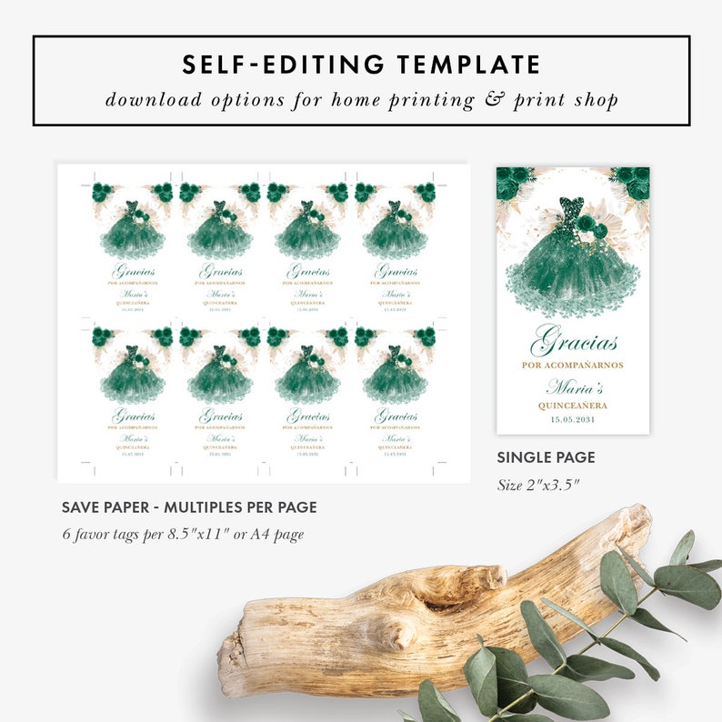 May include: Printable favor tags featuring a green and gold quincea&ntilde;era dress design. The text reads "Gracias por acompa&ntilde;arnos Maria's Quincea&ntilde;era 15.05.2031". The tags are designed to be printed on 8.5"x11" or A4 paper.