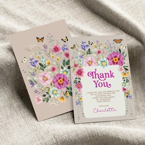 Cartão de agradecimento editável com flores silvestres, lembrancinhas para festa de aniversário floral boho para jardim, modelo de download instantâneo de flores silvestres brilhantes, WF5