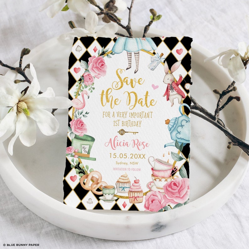 Alice in Wonderland Save the Date Template, Mad Hatter Tea Party Invitation, Alice in Onederland 1st Birthday Printable Download, AL1 image 1