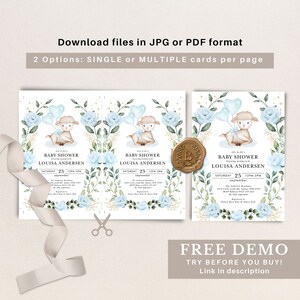 May include: Two blue and white baby shower invitations with a watercolor illustration of a lamb holding blue balloons. The invitations feature a gold border and text that reads "Baby Shower" and "Louisa Andersen".