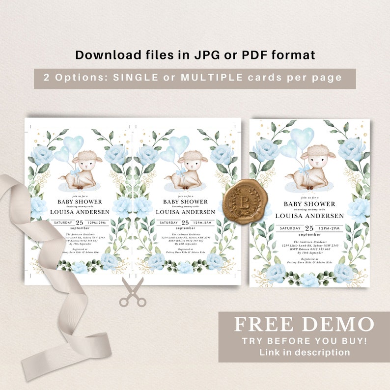 May include: Two blue and white baby shower invitations with a watercolor illustration of a lamb holding blue balloons. The invitations feature a gold border and text that reads "Baby Shower" and "Louisa Andersen".